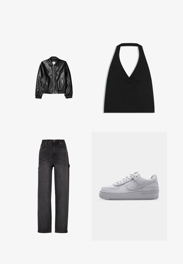 Schwarze Lederjacke mit Reißverschluss vorne, Punktkragen und elastischen Bündchen. Verfügt über zwei seitliche Taschen und eine glatte, glänzende Oberfläche.; Schwarzes bauchfreies Top mit Neckholder und tiefem V-Ausschnitt sowie breitem Nackenriemen vor weißem Hintergrund.; Hochtaillierte Cargo-Jeans aus schwarzem Denim mit weit geschnittenem Design, seitlichen Taschen und subtilen Verwaschungen. Robustes Material und kontrastierender Stepp.; Graue Nike Air Force 1 Sneaker mit perforierter Zehenpartie, Obermaterial aus glattem Leder, dicker Sohle und geprägtem 'AIR'-Detail an der Ferse.