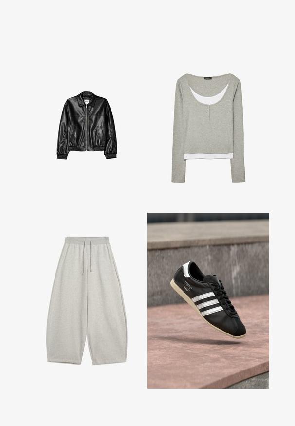 Schwarze Lederjacke mit Reißverschluss vorne, Punktkragen und elastischen Bündchen. Verfügt über zwei seitliche Taschen und eine glatte, glänzende Oberfläche.; Hellgraues Langarm-Oberteil mit Lagenoptik, weißem inneren Ausschnitt und Saumdetaillen, mit einem Rundhalsausschnitt und drei kleinen Knöpfen auf der Vorderseite.; Hellgraue weite Sweatpants mit elastischem Bund und Kordelzug, ausgestattet mit Seitentaschen und entspannter Passform.; Schwarzer Ledersneaker mit weißen Streifen und Sohle, geschnürt, schwebt über einer rosa gefärbten Betontfläche vor einer grauen Steinmauer im Hintergrund.
