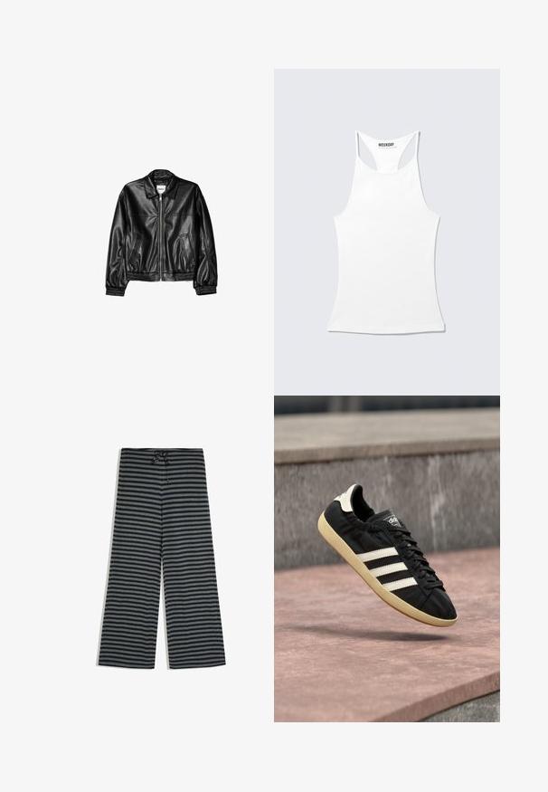Zwarte leren jas met een ritssluiting aan de voorkant, puntkraag en elastische mouwen. Bevat twee zijzakken en heeft een gladde, glanzende afwerking.; Witte racerback tanktop met een hoge halslijn en een "WEEKDAY" label aan de achterkant van de kraag, plat gelegd op een lichte achtergrond.; Broek met wijde pijpen met zwarte en grijze horizontale strepen en een zwart trekkoord in de taille op een witte achtergrond.; Zwarte Adidas sneaker met witte strepen en beige zool, vastgelegd in de lucht boven een stenen oppervlak en een stenen muur op de achtergrond.