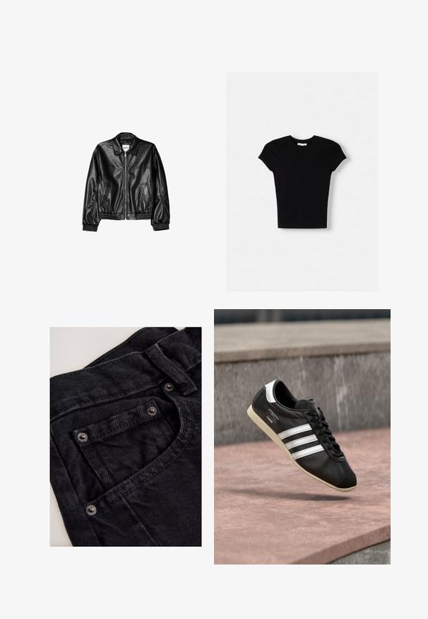 Veste en cuir noire avec fermeture éclair sur le devant, col pointu et poignets élastiques. Dispose de deux poches latérales et d'une finition lisse et brillante.; T-shirt noir à manches courtes en coton. Design ajusté, col rond et texture lisse. Aucun motif ni élément supplémentaire visible.; Pantalon en denim noir avec une taille haute, doté d'une petite poche avant, d'accents en métal et d'une surface en tissu texturé.; Baskets en cuir noir avec des rayures blanches et une semelle blanche, lacées, flottant au-dessus d'une surface en béton rosée avec un mur en pierre grise en arrière-plan.