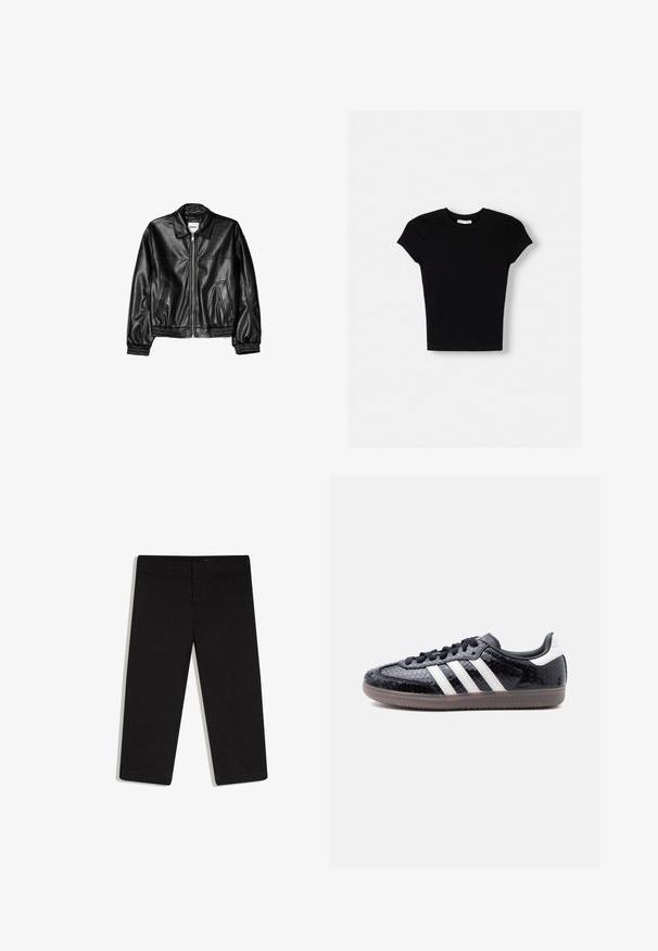 Black leather jacket with a zip front, point collar, and elasticized cuffs. Features two side pockets and a smooth, glossy finish.; Black short-sleeve t-shirt made of cotton. Fitted design, round neck, and smooth texture. No patterns or additional hardware visible.; Black cropped straight-leg trousers with flat front and waistband, no visible pockets, displayed on white background.; Low-profile black sneaker with textured snake-skin pattern, white stripes on the side, black laces, and a translucent brown sole.