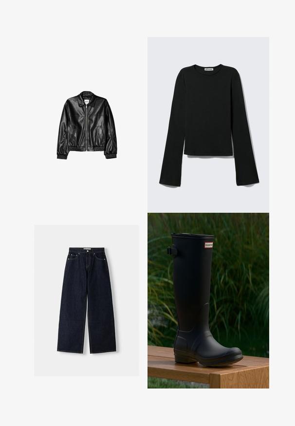 Schwarze Lederjacke mit Reißverschluss vorne, Punktkragen und elastischen Bündchen. Verfügt über zwei seitliche Taschen und eine glatte, glänzende Oberfläche.; Schwarzes Langarmshirt mit Rundhalsausschnitt, figurbetonter Silhouette und leicht ausgestellten Ärmeln, gekennzeichnet mit einem "Weekday" Markenetikett im Nacken.; Dunkelblaue, weite Jeans mit hoher Taille, fünf Taschen, Kontrastnähten und silbernem Metallzubehör. Glatte Textur und saubere Verarbeitung.; Schwarzer Gummistiefel bis zum Knie mit runder Zehe, leichtem Absatz und einer Schnallenriemen. Auf der Vorderseite befindet sich das "HUNTER"-Logo.