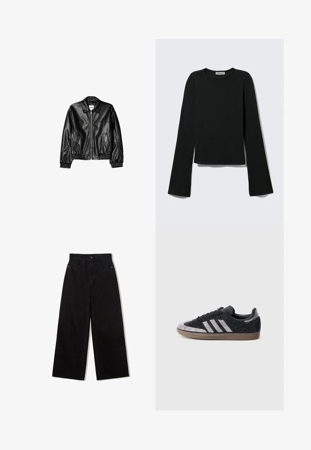 Schwarze Lederjacke mit Reißverschluss vorne, Punktkragen und elastischen Bündchen. Verfügt über zwei seitliche Taschen und eine glatte, glänzende Oberfläche.; Schwarzes Langarmshirt mit Rundhalsausschnitt, figurbetonter Silhouette und leicht ausgestellten Ärmeln, gekennzeichnet mit einem "Weekday" Markenetikett im Nacken.; Schwarze, weit geschnittene Jeans aus Denim mit hoher Taille, die ein Fünf-Taschen-Design und einen einzelnen Knopfverschluss vorne aufweist.; Schwarzer Sneaker mit funkelnden silbernen Akzenten und drei weißen Streifen. Verfügt über ein niedriges Design, eine strukturierte Oberseite und eine braune Gummisohle.
