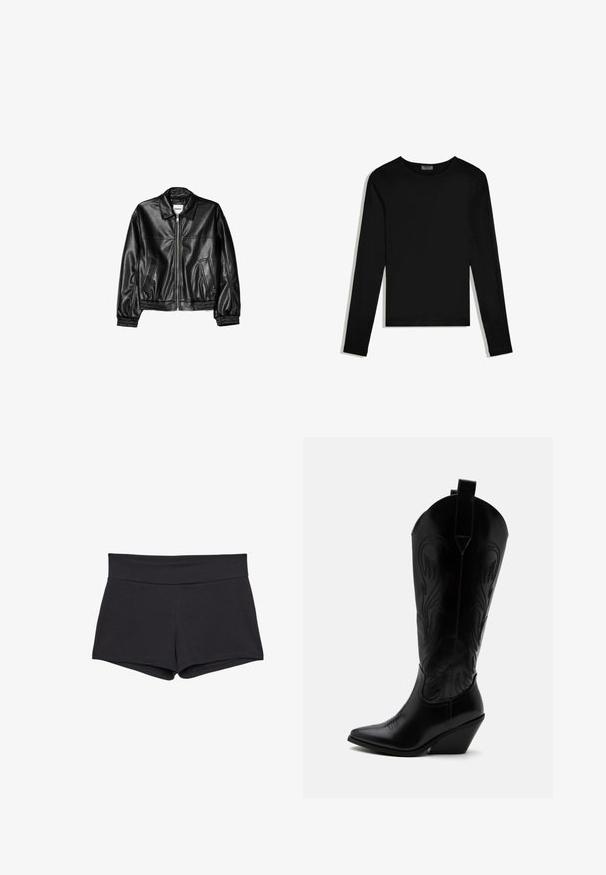 Veste en cuir noire avec fermeture éclair sur le devant, col pointu et poignets élastiques. Dispose de deux poches latérales et d'une finition lisse et brillante.; T-shirt noir à manches longues avec col rond, design épuré, posé à plat sur un fond blanc.; Shorts noirs ajustés avec une large ceinture, fabriqués dans un tissu doux et extensible. Les ourlets sont lisses sans fermetures ni motifs visibles.; Botte de cowboy en cuir noir avec bout pointu, talon bloc incliné, couture décorative et languettes en haut sur fond blanc.