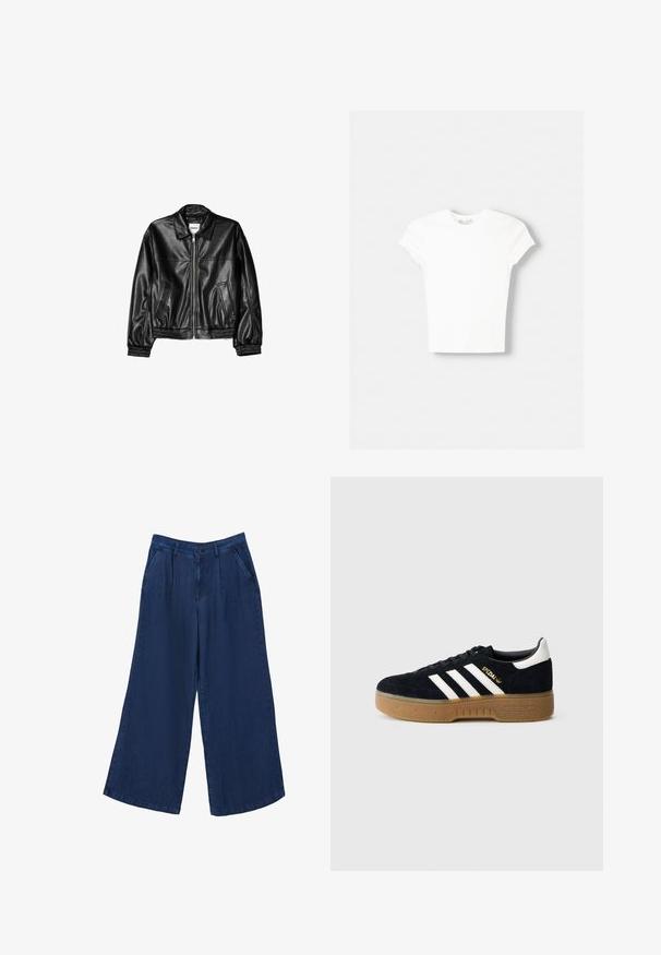 Schwarze Lederjacke mit Reißverschluss vorne, Punktkragen und elastischen Bündchen. Verfügt über zwei seitliche Taschen und eine glatte, glänzende Oberfläche.; Weißes kurzärmliges T-Shirt aus weicher Baumwolle, mit Rundhalsausschnitt und figurbetonter Form. Keine sichtbaren Muster oder Verzierungen.; Weite Jeanshose in Dunkelblau. Sie verfügt über zwei Fronttaschen, einen Knopfverschluss und hat eine glatte Textur mit einem leichten Stoff.; Schwarzer Wildledersneaker mit weißen drei Streifen und goldfarbenem Logo. Gummisohle mit strukturiertem Grip. Klassisches Low-Top-Design, abgerundete Zehenkappe.
