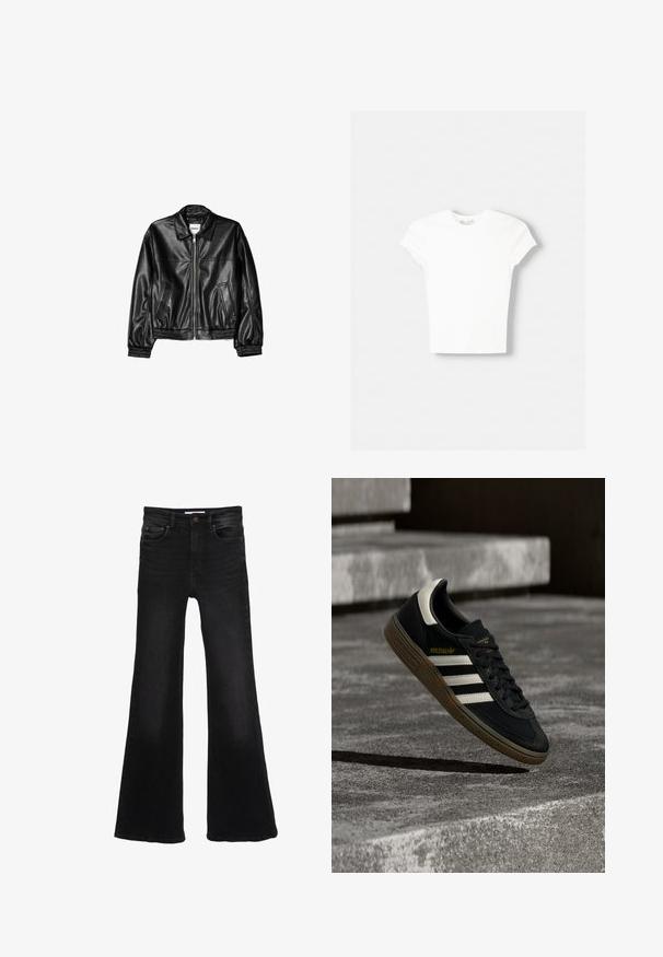 Veste en cuir noire avec fermeture éclair sur le devant, col pointu et poignets élastiques. Dispose de deux poches latérales et d'une finition lisse et brillante.; T-shirt blanc à manches courtes en coton doux, avec un col rond et une coupe ajustée. Pas de motifs ni d'ornements visibles.; Jean en denim noir taille haute avec jambes évasées larges, bouton à l'avant, fermeture éclair, et style cinq poches.; Baskets Adidas noires avec des bandes blanches et une semelle en gomme flottant au-dessus d'escaliers en béton gris sous une lumière naturelle.