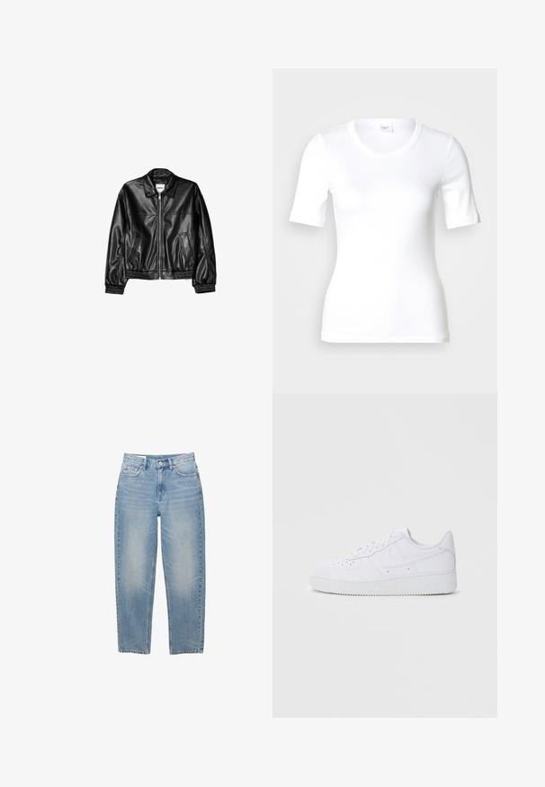Schwarze Lederjacke mit Reißverschluss vorne, Punktkragen und elastischen Bündchen. Verfügt über zwei seitliche Taschen und eine glatte, glänzende Oberfläche.; Weißes T-Shirt mit kurzen Ärmeln aus glattem Baumwollstoff, mit rundem Ausschnitt und figurbetonter Form. Klassisches Design, ohne Muster oder Akzente.; Hellblaue gerade geschnittene Jeans mit Knopf, Reißverschluss und fünf Taschen, auf weißem Hintergrund dargestellt.; Weiße Nike Air Force 1 Sneaker mit Obermaterial aus Leder, runder Zehenpartie, schnürbarer Verschluss, gepolsterter Kragen und strukturiertem Gummisohle.