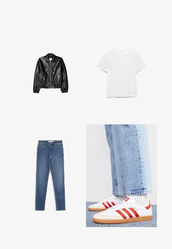 Veste en cuir noire avec fermeture éclair sur le devant, col pointu et poignets élastiques. Dispose de deux poches latérales et d'une finition lisse et brillante.; T-shirt blanc uni à manches courtes et col rond, avec un ourlet droit, présenté sur un fond blanc.; Jean en denim bleu avec taille haute, coupe slim, poches avant, fermeture éclair et coutures contrastantes. Design structuré avec une texture lisse.; Baskets en cuir blanc avec des rayures et des accents rouges. Dotées d'une semelle extérieure en gomme texturée et d'un col rembourré. Portées avec un jean en denim bleu clair.