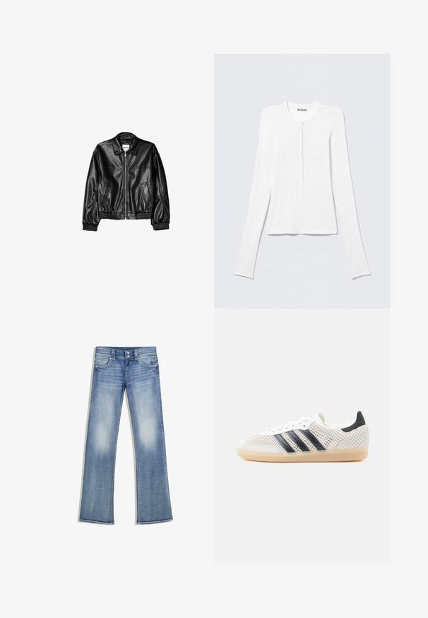 Schwarze Lederjacke mit Reißverschluss vorne, Punktkragen und elastischen Bündchen. Verfügt über zwei seitliche Taschen und eine glatte, glänzende Oberfläche.; Weißes Langarm-Henley-Shirt mit rundem Ausschnitt und einer vertikalen Reihe kleiner Knöpfe in der vorderen Mitte.; Hellblaue Bootcut-Jeans mit ausgewaschener Optik, fünf Taschen, Gürtelschlaufen und doppeltem Knopfverschluss, flach auf weißem Hintergrund liegend.; Weiße Mesh-Sneaker mit schwarzem Drei-Streifen-Design, abgerundeter Spitze und Gummisohle. Verfügen über einen weichen Fersenkragen und Schnürverschluss.