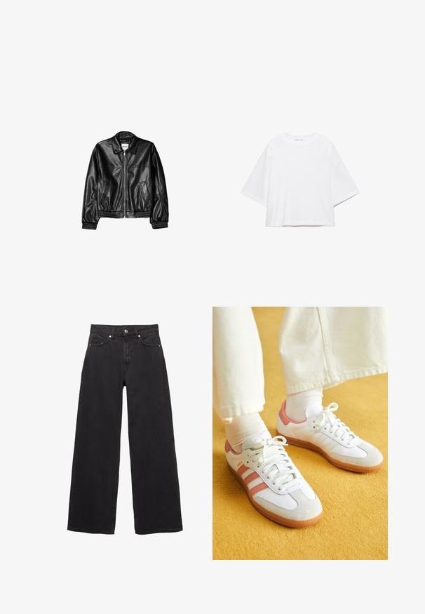 Schwarze Lederjacke mit Reißverschluss vorne, Punktkragen und elastischen Bündchen. Verfügt über zwei seitliche Taschen und eine glatte, glänzende Oberfläche.; Weißes, kurzärmeliges, kastiges T-Shirt aus weicher Baumwolle. Es verfügt über einen Rundhalsausschnitt und breite Ärmel mit einem klaren, schlichten Design.; Schwarze Jeans mit weitem Bein aus Denim, ausgestattet mit hoher Taille, fünf Taschen und einem Knopfverschluss mit dezenten Nahtdetails.; Weiße Sportschuhe mit pinken Akzenten, aus Wildleder und Leder, runde Zehenform und Gummisohle, dargestellt mit hellen Socken vor einem gelben Hintergrund.