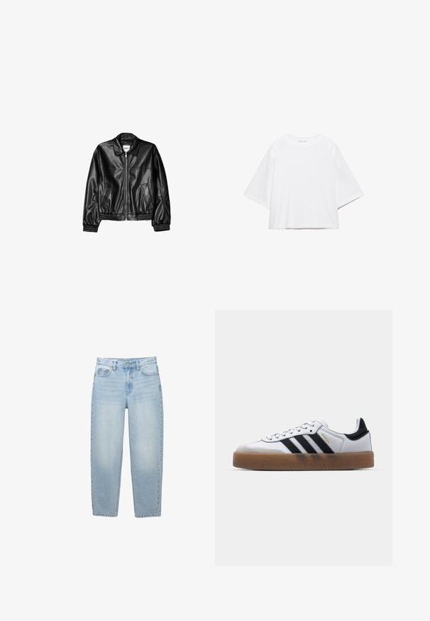 Veste en cuir noire avec fermeture éclair sur le devant, col pointu et poignets élastiques. Dispose de deux poches latérales et d'une finition lisse et brillante.; T-shirt blanc à manches courtes, coupe carrée, en coton doux. Présente un col rond et des manches larges, avec un design épuré et simple.; Jean bleu clair taille haute, coupe droite, avec bouton devant, fermeture éclair, passants de ceinture et design à cinq poches sur fond blanc.; Baskets en cuir blanc avec des rayures noires, semelle extérieure en caoutchouc beige, bout rond, fermeture lacée et embout en suède gris doux.