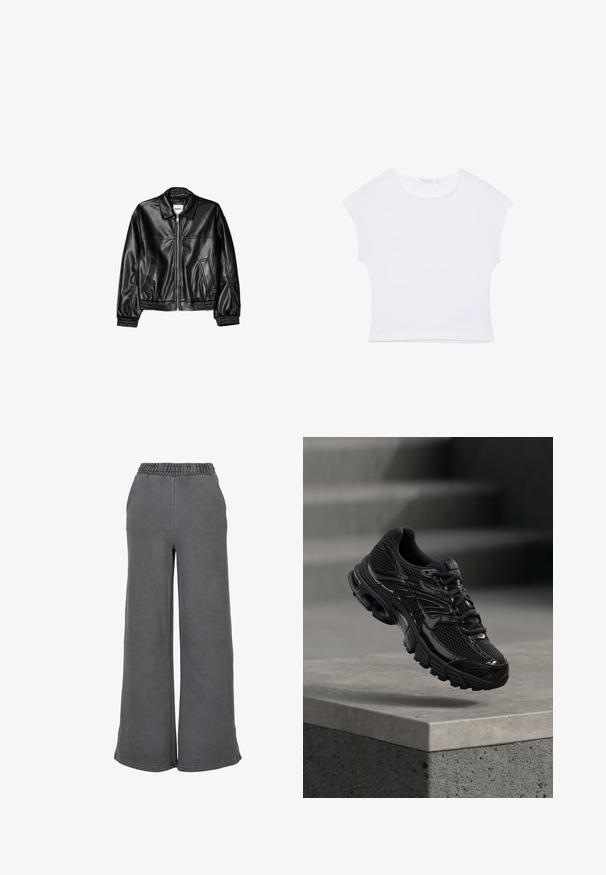 Schwarze Lederjacke mit Reißverschluss vorne, Punktkragen und elastischen Bündchen. Verfügt über zwei seitliche Taschen und eine glatte, glänzende Oberfläche.; Weißes kurzärmeliges, bauchfreies T-Shirt mit rundem Ausschnitt aus glattem Stoff, flach auf einem weißen Hintergrund liegend.; Weit geschnittene graue Sweatpants aus weichem Material, mit einem elastischen Bund für zusätzlichen Komfort. Glatte Textur ohne sichtbare Muster oder Akzente.; Schwarzer Nike Laufschuh mit Mesh- und Synthetik-Obermaterial, der über einer Betonfläche und Treppen im Hintergrund schwebt.