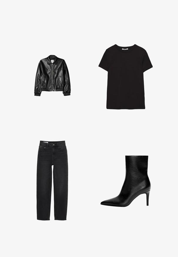 Veste en cuir noire avec fermeture éclair sur le devant, col pointu et poignets élastiques. Dispose de deux poches latérales et d'une finition lisse et brillante.; T-shirt noir en coton à manches courtes avec encolure ronde, coupe standard et étiquette intérieure visible au niveau du col.; Jeans en denim noir avec une coupe droite, dotés d'une fermeture à bouton, de cinq poches et de détails de couture subtils.; Bottine noire en cuir avec une silhouette élégante, un bout pointu et un talon haut en stilettos. Texture lisse, design minimaliste sans quincaillerie visible.