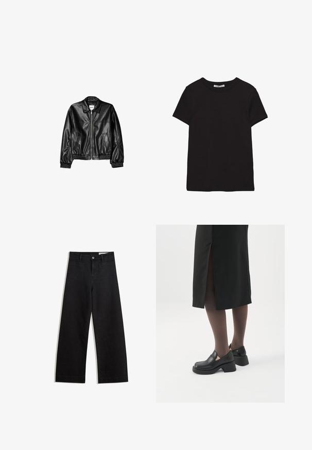 Schwarze Lederjacke mit Reißverschluss vorne, Punktkragen und elastischen Bündchen. Verfügt über zwei seitliche Taschen und eine glatte, glänzende Oberfläche.; Schwarzes, kurzärmliges Baumwoll-T-Shirt mit rundem Halsausschnitt, Standardpassform und sichtbarem innerem Nackenetikett.; Schwarze weit geschnittene Jeans mit hoher Taille, ausgestattet mit Vorder- und Hintertaschen, gesteppten Nähten und einem Knopfverschluss. Glatte Textur.; Frau trägt schwarze Loafers mit klobigem Absatz, schwarze transparente Strumpfhosen und einen schwarzen Rock mit Schlitz hinten vor weißem Hintergrund.
