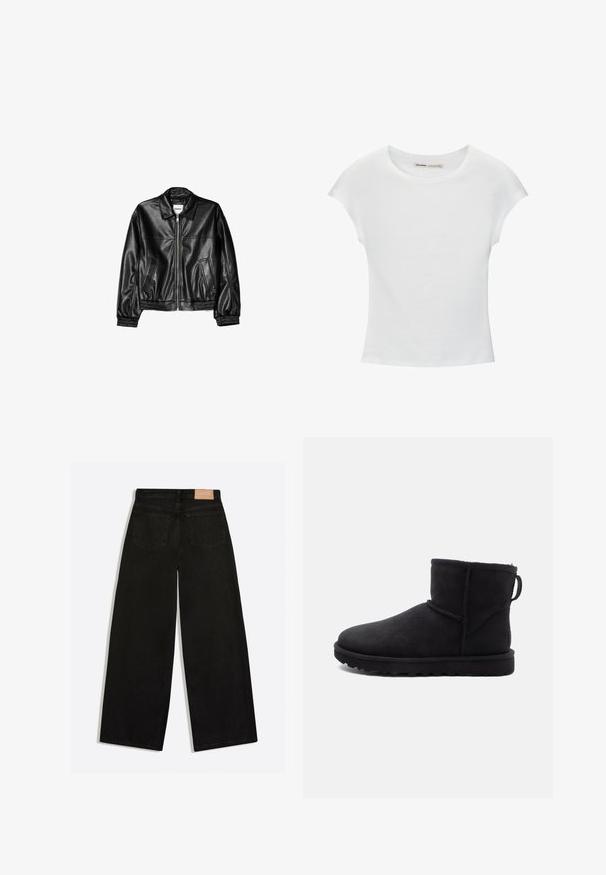 Veste en cuir noire avec fermeture éclair sur le devant, col pointu et poignets élastiques. Dispose de deux poches latérales et d'une finition lisse et brillante.; T-shirt en coton blanc avec manches courtes retroussées, encolure ronde et ourlet droit. Texture lisse sans motifs ni accents visibles.; Jean noir à jambes larges vu de dos, avec deux poches arrière et un patch de marque en cuir marron à la ceinture.; Bottine en daim noir, à bout rond, doublée de shearling et avec une semelle en caoutchouc plate. Elle présente une couture latérale et une languette à l'arrière.