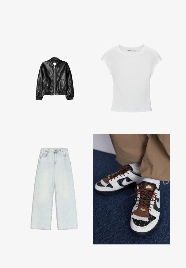 Zwarte leren jas met een ritssluiting aan de voorkant, puntkraag en elastische mouwen. Bevat twee zijzakken en heeft een gladde, glanzende afwerking.; Witte katoenen T-shirt met korte, opgerolde mouwen, een ronde halslijn en een rechte zoom. Gladde textuur zonder zichtbare patronen of accenten.; Lichtblauwe jeans met wijde pijpen, vijf zakken, lussen voor een riem en een knoopsluiting aan de voorkant van de tailleband.; Nike sneakers van witte, zwarte en bruine materialen. Kenmerken zijn een getextureerde bruine flap, gestreept ontwerp en traditionele vetersluiting met gouden accenten.