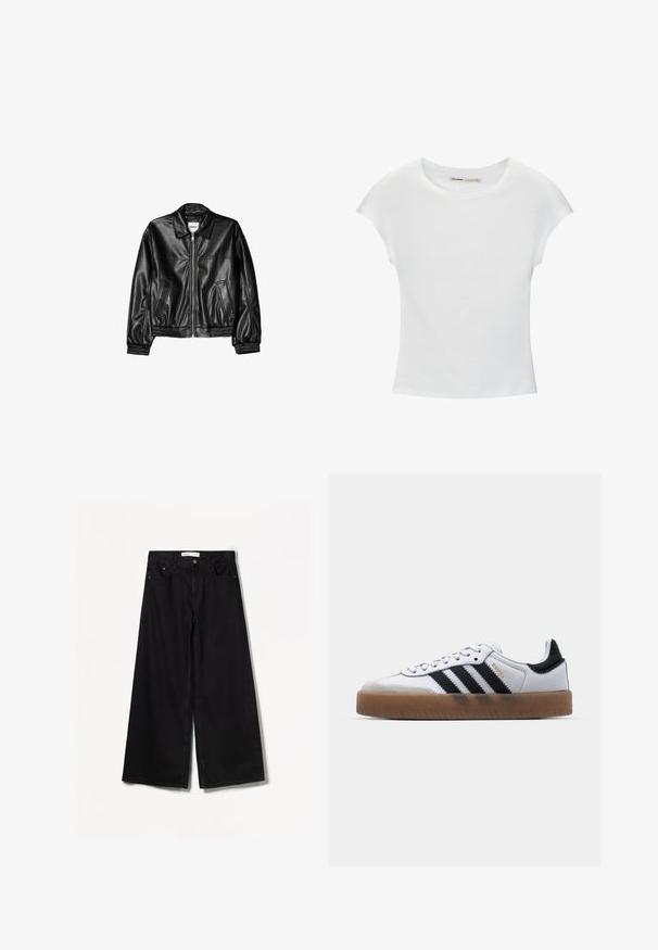Schwarze Lederjacke mit Reißverschluss vorne, Punktkragen und elastischen Bündchen. Verfügt über zwei seitliche Taschen und eine glatte, glänzende Oberfläche.; Weißes Baumwoll-T-Shirt mit kurzen, aufgerollten Ärmeln, rundem Ausschnitt und geradem Saum. Glatte Textur ohne sichtbare Muster oder Akzente.; Schwarze weit geschnittene Jeans aus Denim. Mit hoher Taille, Vorder- und Gesäßtaschen sowie silberfarbener Hardware an der Knopf- und Reißverschlussöffnung.; Weiße Leder Sneakers mit schwarzen Streifen, Gummigummi-Außensohle, runder Zehenform, Schnürverschluss und weichem grauem Wildleder-Zehenkappe.