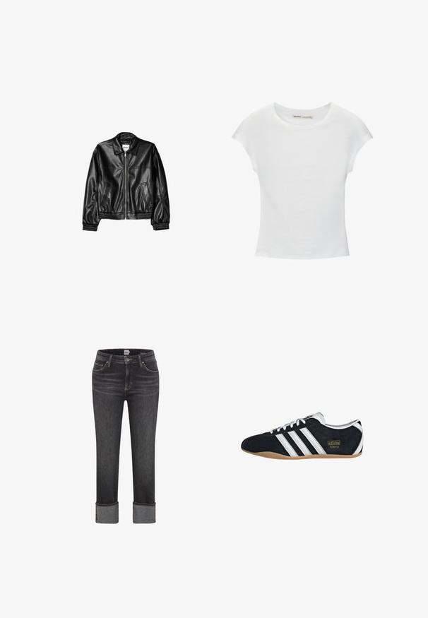 Veste en cuir noire avec fermeture éclair sur le devant, col pointu et poignets élastiques. Dispose de deux poches latérales et d'une finition lisse et brillante.; T-shirt en coton blanc avec manches courtes retroussées, encolure ronde et ourlet droit. Texture lisse sans motifs ni accents visibles.; Jean droit gris foncé avec ourlets repliés, fermeture par bouton et zip à l'avant, passants de ceinture, et poches avant et arrière.; Sneakers en suede noir avec trois bandes blanches, logo doré et semelle en caoutchouc marron. Présente un design à lacets à profil bas.