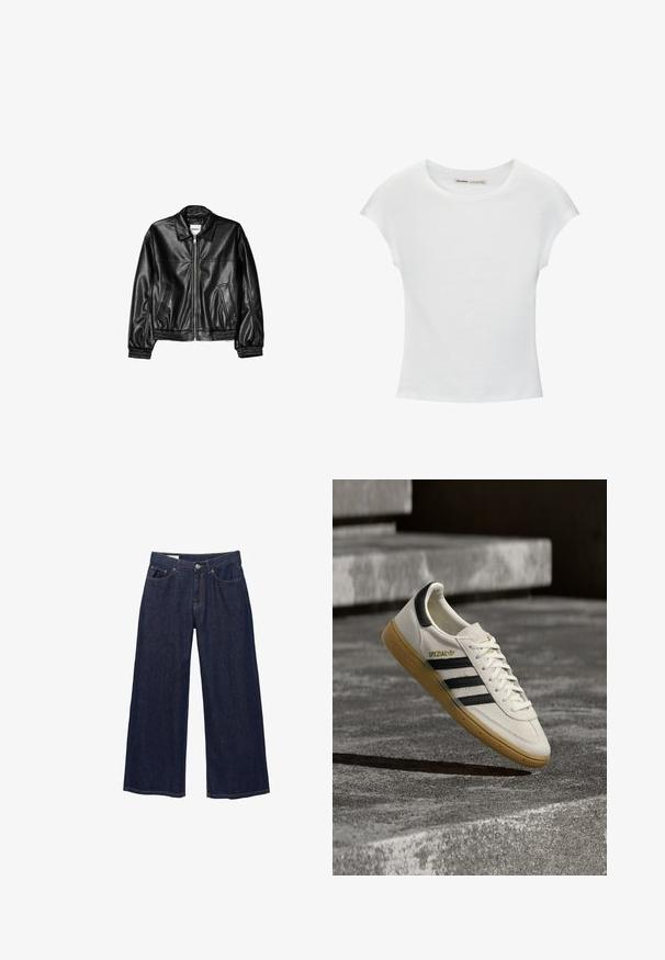 Zwarte leren jas met een ritssluiting aan de voorkant, puntkraag en elastische mouwen. Bevat twee zijzakken en heeft een gladde, glanzende afwerking.; Witte katoenen T-shirt met korte, opgerolde mouwen, een ronde halslijn en een rechte zoom. Gladde textuur zonder zichtbare patronen of accenten.; Donkerblauwe denim jeans met wijde pijpen, voorzakken, riemlussen en een knoopsluiting.; Witte Adidas Spezial sneaker met zwarte strepen en gumzool, zwevend boven grijze stenen trappen buiten.