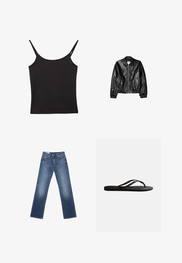 Veste en cuir noire avec fermeture éclair sur le devant, col pointu et poignets élastiques. Dispose de deux poches latérales et d'une finition lisse et brillante.; Haut caraco en tissu côtelé noir avec fines bretelles doubles et un décolleté droit, posé à plat sur fond blanc.; Jean bleu à jambes droites avec poches avant et arrière, fermeture par boutons, et légers effets délavés sur les cuisses et les genoux.; Sandale tong en caoutchouc noir avec semelle texturée et fines brides en Y sur un fond blanc uni.