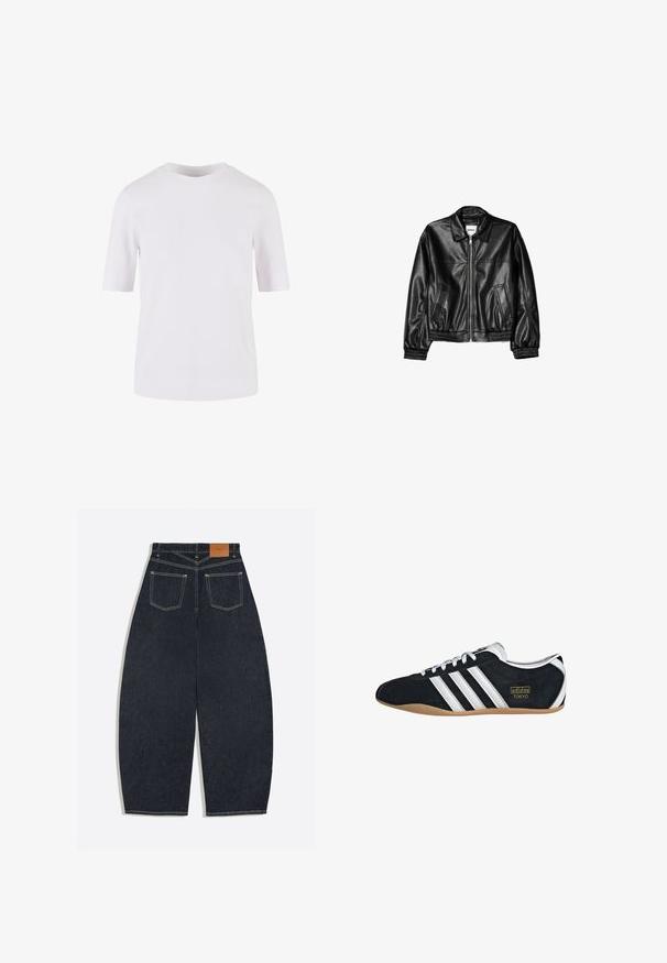 Veste en cuir noire avec fermeture éclair sur le devant, col pointu et poignets élastiques. Dispose de deux poches latérales et d'une finition lisse et brillante.; T-shirt blanc à manches courtes en coton lisse. Doté d'un col rond et d'une coupe droite, sans motifs ni ornements.; Jean en denim bleu foncé à jambes larges vu de dos avec deux poches plaquées et une étiquette de marque en cuir marron sur la ceinture.; Sneakers en suede noir avec trois bandes blanches, logo doré et semelle en caoutchouc marron. Présente un design à lacets à profil bas.
