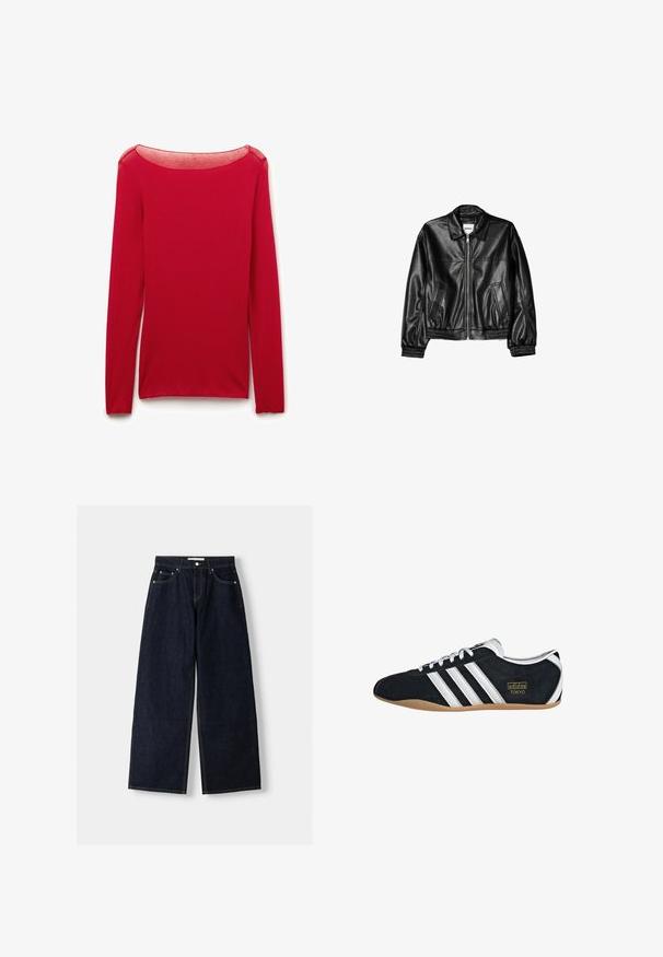 Schwarze Lederjacke mit Reißverschluss vorne, Punktkragen und elastischen Bündchen. Verfügt über zwei seitliche Taschen und eine glatte, glänzende Oberfläche.; Rotes, figurbetontes Langarmtop mit transparentem rundem Ausschnitt, flach auf weißem Hintergrund präsentiert.; Dunkelblaue, weite Jeans mit hoher Taille, fünf Taschen, Kontrastnähten und silbernem Metallzubehör. Glatte Textur und saubere Verarbeitung.; Schwarze Wildledersneaker mit drei weißen Streifen, goldenem Logo und brauner Gummisohle. Merkmale ein niedrigprofiliertes Schnürdesign.
