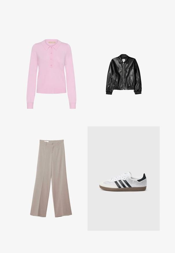 Zwarte leren jas met een ritssluiting aan de voorkant, puntkraag en elastische mouwen. Bevat twee zijzakken en heeft een gladde, glanzende afwerking.; Roze gebreide lange mouw polo trui met een kraag, voorzien van een knoopsluiting met vijf knopen en een ribgebreide zoom. Zachte textuur, aansluitend ontwerp.; Beige wijde broek met plooien aan de voorkant, knoopsluiting, riemlussen en zonder zichtbare zakken, weergegeven op een witte achtergrond.; Witte mesh sneaker met zwarte strepen, beige suède neuskapje en hielaccent, gestructureerde rubberen zool en witte veters. Klassiek ontwerp met lage schacht.