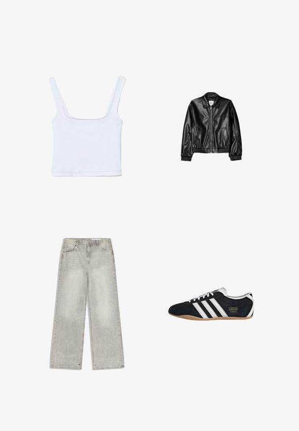 Veste en cuir noire avec fermeture éclair sur le devant, col pointu et poignets élastiques. Dispose de deux poches latérales et d'une finition lisse et brillante.; Top court blanc côtelé avec larges bretelles et encolure carrée, posé à plat sur un fond blanc.; Jean gris clair à jambes larges avec poches avant, passants pour ceinture et fermeture à bouton.; Sneakers en suede noir avec trois bandes blanches, logo doré et semelle en caoutchouc marron. Présente un design à lacets à profil bas.