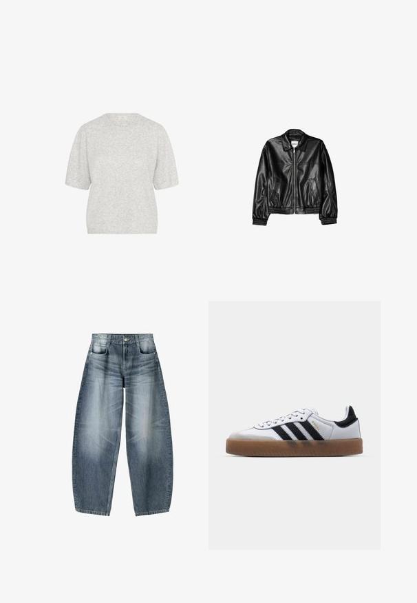 Veste en cuir noire avec fermeture éclair sur le devant, col pointu et poignets élastiques. Dispose de deux poches latérales et d'une finition lisse et brillante.; Pull court gris clair à manches courtes, col rond, texture douce, coupe légèrement ample, avec un motif chiné minimal et des détails en bord côtelé.; Jean large en denim bleu clair avec décoloration, présentant un design à cinq poches, un bouton de fermeture et des détails de couture minimaux.; Baskets en cuir blanc avec des rayures noires, semelle extérieure en caoutchouc beige, bout rond, fermeture lacée et embout en suède gris doux.