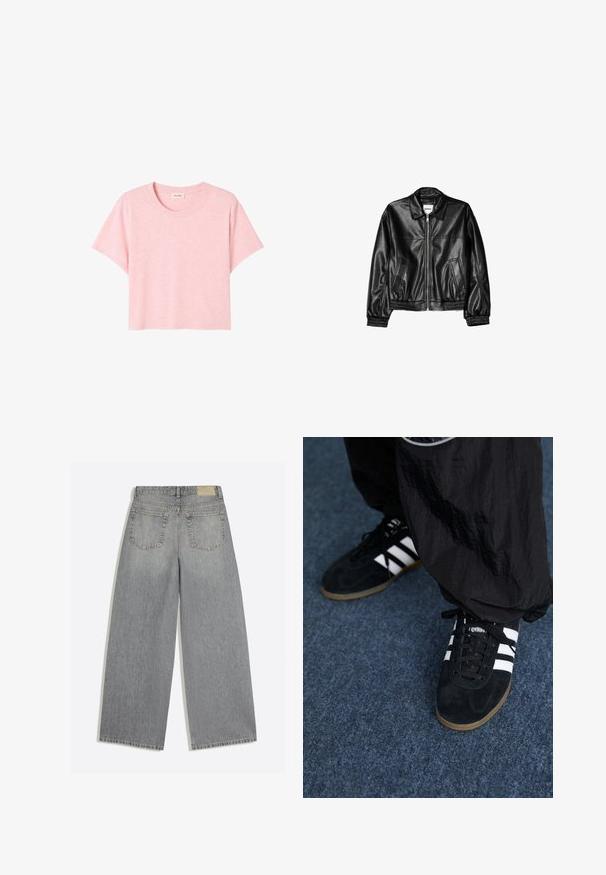 Zwarte leren jas met een ritssluiting aan de voorkant, puntkraag en elastische mouwen. Bevat twee zijzakken en heeft een gladde, glanzende afwerking.; Roze T-shirt met korte mouwen van zacht materiaal, met een ronde halslijn en een losse fit met een subtiele gemêleerde textuur.; Grijze wijde denim jeans met achterkant met twee zakken en riemlussen plat op een witte achtergrond gelegd.; Zwarte suède sportschoenen met drie witte strepen en zwarte veters. Een gestructureerde zwarte broek is deels zichtbaar naast de schoenen.