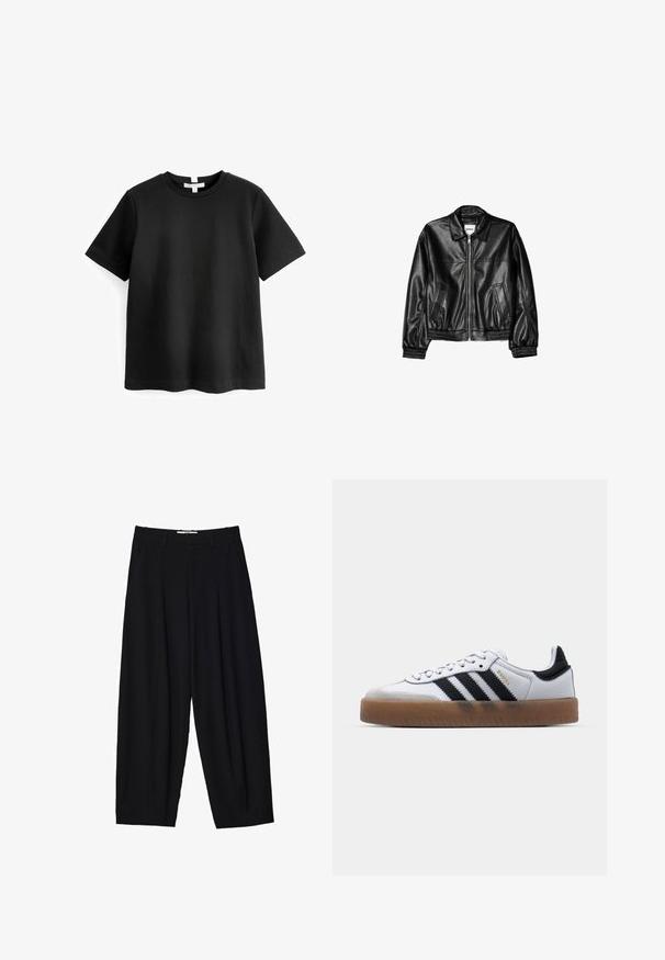 Schwarze Lederjacke mit Reißverschluss vorne, Punktkragen und elastischen Bündchen. Verfügt über zwei seitliche Taschen und eine glatte, glänzende Oberfläche.; Schwarzes kurzärmeliges T-Shirt aus Baumwolle. Rundhalsausschnitt mit geradem Saum und ohne sichtbare Muster oder Grafiken. Weiche, glatte Textur.; Schwarze weit geschnittene Hose aus leichtem Stoff, mit vorderen Falten, klassischem Bund und seitlichen Taschen. Angenehme Struktur.; Weiße Leder Sneakers mit schwarzen Streifen, Gummigummi-Außensohle, runder Zehenform, Schnürverschluss und weichem grauem Wildleder-Zehenkappe.