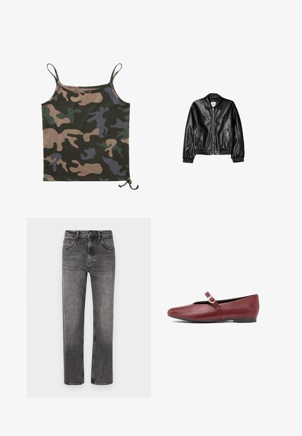 Schwarze Lederjacke mit Reißverschluss vorne, Punktkragen und elastischen Bündchen. Verfügt über zwei seitliche Taschen und eine glatte, glänzende Oberfläche.; Brandit Top - darkcamo; Graue, ausgewaschene Jeans mit geradem Bein, Vordertaschen, Gürtelschlaufen und Knopfverschluss.; Burgunderroter flacher Lederschuh mit rundem Zehenbereich, dünnem Riemen oben, befestigt mit kleiner goldener Schnalle, und niedrigem Absatz.