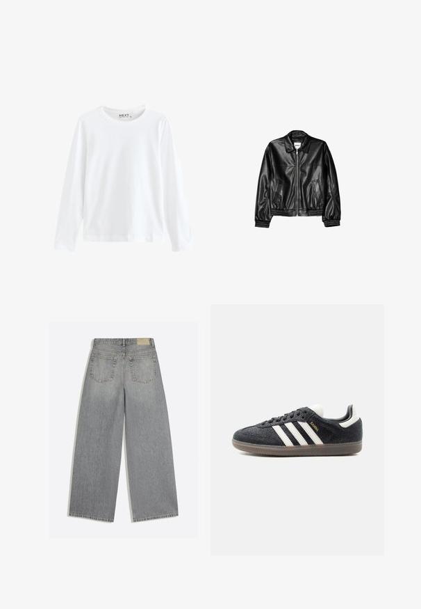 Zwarte leren jas met een ritssluiting aan de voorkant, puntkraag en elastische mouwen. Bevat twee zijzakken en heeft een gladde, glanzende afwerking.; Witte lange mouwen T-shirt van katoen, met een ronde hals en een eenvoudig ontwerp, met een gelijkmatige textuur en geen zichtbare patronen of accenten.; Grijze wijde denim jeans met achterkant met twee zakken en riemlussen plat op een witte achtergrond gelegd.; Zwarte Adidas Samba sneaker met witte strepen, gumzool en gouden "Samba" tekst aan de zijkant, gezien van links op een effen achtergrond.
