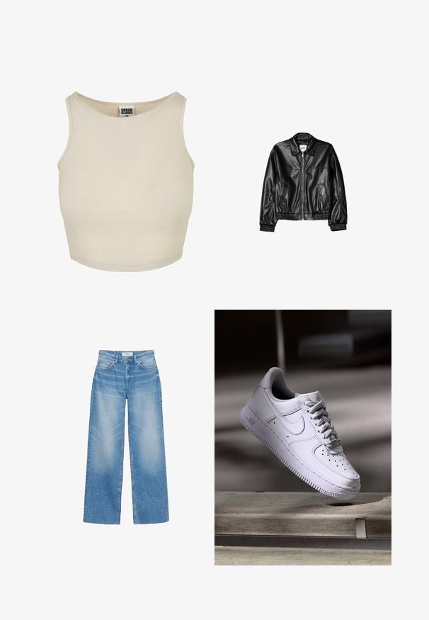 Veste en cuir noire avec fermeture éclair sur le devant, col pointu et poignets élastiques. Dispose de deux poches latérales et d'une finition lisse et brillante.; Top crop beige à côtes avec un col rond et une coupe sans manches. Présente une texture unie et une étiquette de marque discrète à l'intérieur du col.; Jean bleu à coupe large avec poches avant, passants de ceinture et fermeture à boutons, présenté sur fond blanc.; Baskets Nike Air Force 1 blanches lévitant au-dessus d'une surface en béton avec des ombres dans un cadre minimaliste.