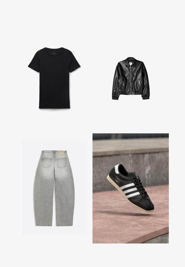 Sort læderjakke med lynlås foran, spids krave og elastiske ærmer. Har to sidelommer og en glat, blank overflade.; Sort t-shirt med korte ærmer og rund hals lagt fladt på hvid baggrund, der viser forfra og glat stoftekstur.; Lysegrå højtaljede bukser med vide ben, to baglommer og bæltestropper, vist bagfra på en ensfarvet hvid baggrund.; Sort lædersneaker med hvide striber og sål, snøret, svævende over en rosa betonoverflade med en grå stenvæg i baggrunden.