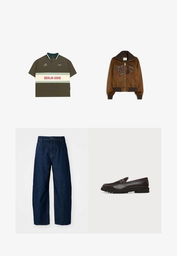 Brun lynlåstrøje med høj krave, ribstrikkede manchetter og kant samt teksten "Kind Letters Only" på forsiden.; Oliven grøn poloshirt med korte ærmer, stribet krave i grøn og lyseblå, med et hvidt bånd med "BERLIN SOHO" i rød.; Bredde ben mørk denim jeans med høj talje, som har fem lommer, knaplukning foran og synlige syninger.; Mørkebrun læder- og ruskindspenny loafer med kraftig sort gummisål, sideprofil på hvid baggrund.
