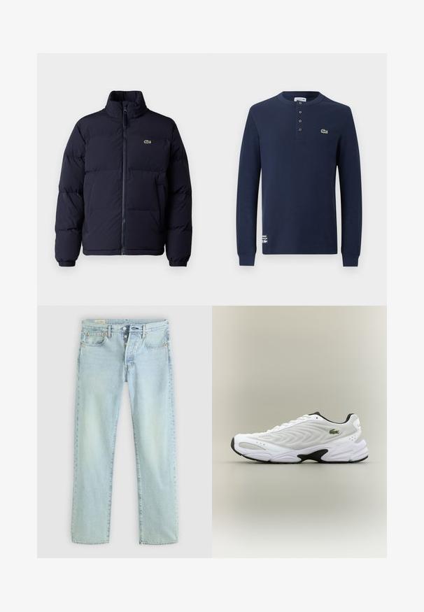 Marineblauer Daunenjacke mit hohem Kragen, Reißverschluss und elastischen Bündchen. Auf der oberen linken Brust befindet sich ein kleines grünes Logo.; Dunkelblaues langärmeliges Henley-Shirt mit Rippenstruktur, vier Knöpfen, Lacoste-Krokodil-Logo auf der Brust und Markenlabel nahe dem Saum.; Helle blaue Denim-Jeans mit geradem Schnitt, fünf Taschen, Knopfverschluss und dezentem Verblassen. Mit Steppdetails und Kupfennieten.; Weißer Sportschuh mit strukturiertem Mesh-Obermaterial, geschwungenem Design und kontrastierender schwarzer Laufsohle. Mit grünem gesticktem Logo an der Seite.