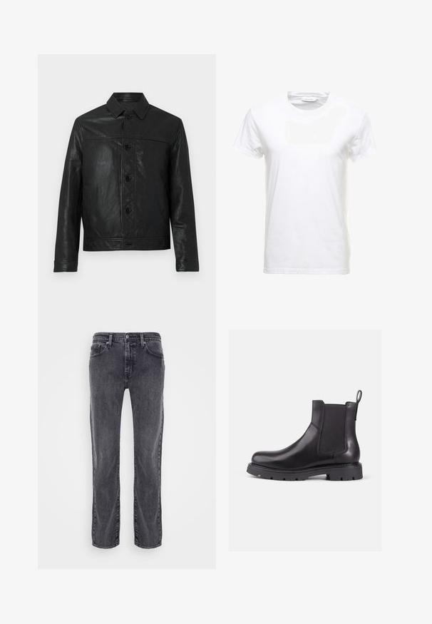 Schwarze Lederjacke mit Knopfleiste, spitzem Kragen, zwei seitlichen Taschen und strukturiertem Design. Glatte Textur mit sichtbaren Nähten.; Weißes Baumwoll-T-Shirt mit kurzen Ärmeln, Rundhalsausschnitt und glatter Textur. Etikett am Ausschnitt sichtbar. Einfacher und klassischer Stil.; Graue Denim-Jeans mit geradem Bein. Verfügt über fünf Taschen, sichtbare Nähte und einen klassischen Bund mit Knopfverschluss.; Schwarze Leder Chelsea-Boots mit elastischen Seitenpaneelen, runder Zehenpartie und strukturiertem Gummisohle. Verfügt über einen hinteren Zugschlauf für einfaches Anziehen.