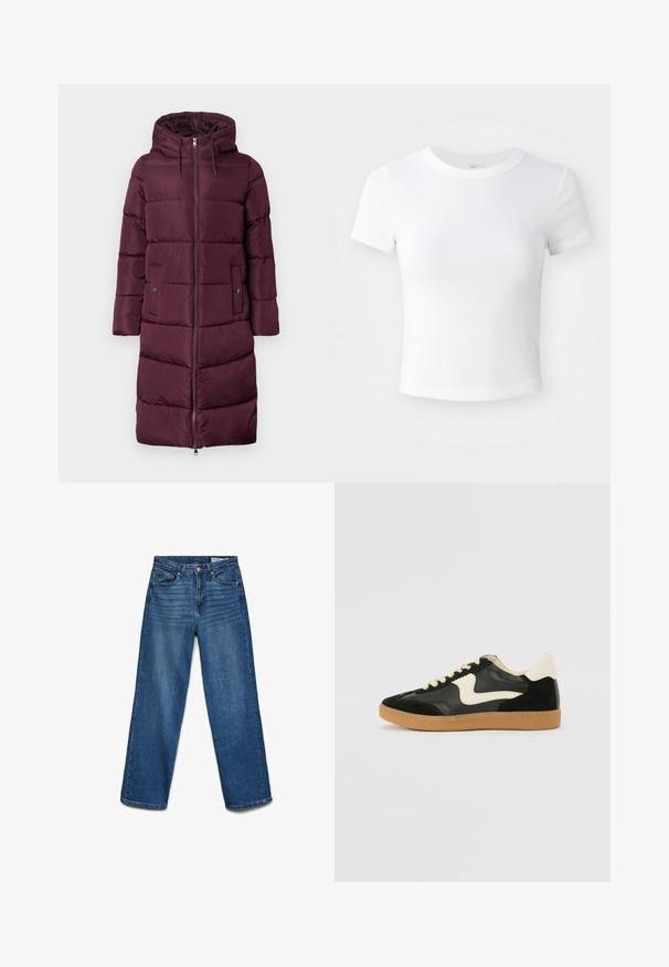 Abrigo largo acolchado burdeos con capucha, que cuenta con una cremallera frontal, bolsillos laterales y secciones acolchadas para aislamiento. Texture suave.; Camiseta corta de manga corta blanca, con cuello redondo, exhibida sobre un fondo neutral claro.; Vaqueros azules de pierna recta con botón y cremallera delanteros, cinco bolsillos y detalles sutiles de desgaste en los muslos.; Zapatillas de deporte de ante y cuero negro con un swoosh lateral en crema y un talón en crema claro. Presenta cordones beige y una suela de goma marrón.