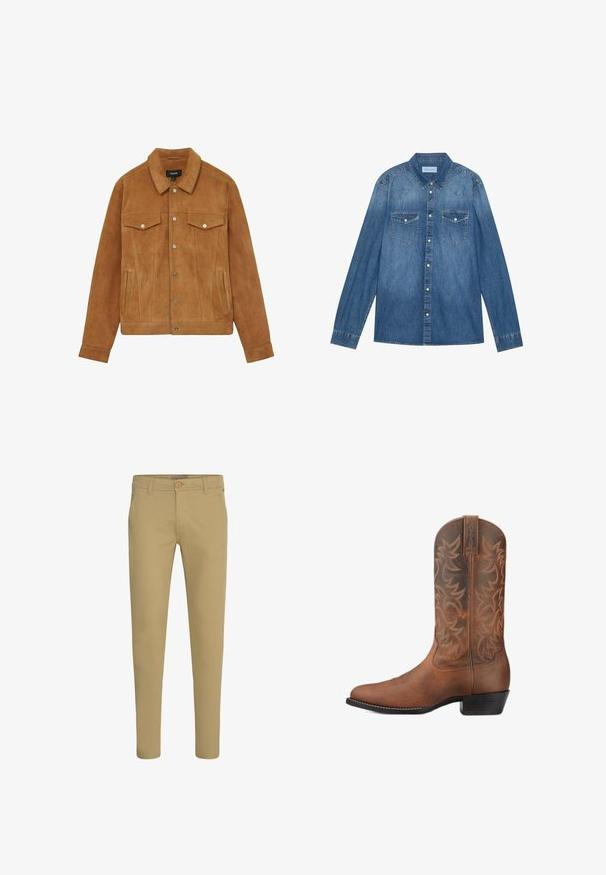 Brun ruskindsjakke med krave, to brystlommer og sidelommer. Har sølvknapper og en figursyet silhuet.; Mørkeblå denimskjorte med lange ærmer, klassisk krave, knaplukning fortil, to brystlommer og kontrasterende stiklinger på sømmene.; Slanke beige chinos med knap- og lynlåslukning, forlommer med skrå åbning og bæltestropper, vist på hvid baggrund.; Brun læder cowboystøvle med syede dekorative mønstre og en lav stablet hæl, vist fra siden på en hvid baggrund.