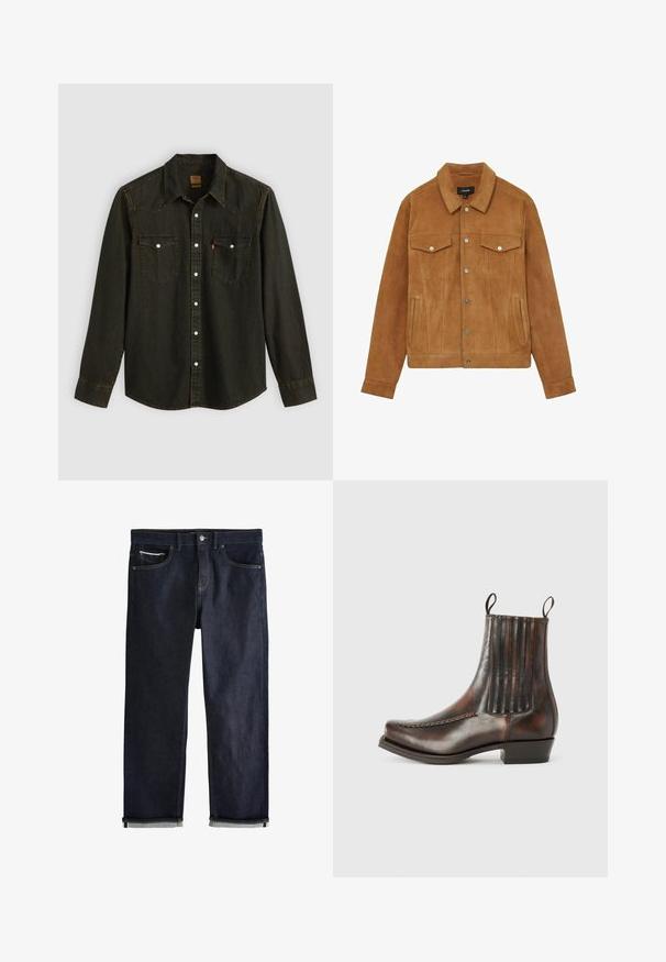 Bruine suède jas met een kraag, twee borstzakken en zakken aan de zijkant. Voorzien van zilveren knopen en een getailleerd silhouet.; Zwart denim overhemd met lange mouwen, puntige kraag, twee borstzakken, zilveren knopen en gele stiksels. Klassiek westers ontwerp.; Donkerblauwe spijkerbroek met opgerolde pijpen, knoop- en ritssluiting, voor- en muntzakken en contrasterende stiksels op een witte achtergrond.; Bordeaux lederen enkelboot met een gladde afwerking, elastische zijpanelen, een ronde neus, decoratieve stiksels en een lage blokhak.