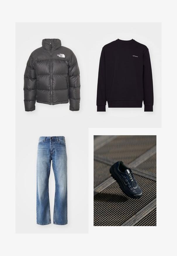 Schwarze Pufferjacke mit hohem Kragen, Reißverschluss und Logo. Verfügt über gesteppten Elemente und elastische Bündchen für zusätzlichen Wärme.; Schwarzes Sweatshirt aus weichem Material mit Rundhalsausschnitt, langen Ärmeln und gerippten Bündchen. Verfügt über ein kleines weißes Logo auf der Brust.; Blaue Jeans mit geradem Bein aus Denim, mit leichtem Verblassen an den Oberschenkeln und Knien, ausgestattet mit fünf Taschen und einem Knopfverschluss.; Dunkelblaue und schwarze Sportschuh mit reflektierenden Details auf einer Metallrostoberfläche bei sanftem Tageslicht.