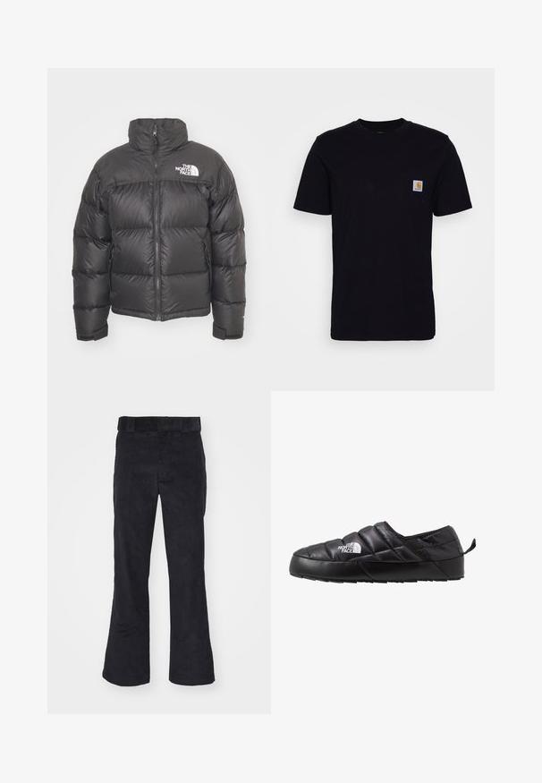 Doudoune noire avec un col montant, fermeture éclair et logo. Comprend des sections matelassées et des poignets élastiques pour plus de chaleur.; T-shirt en coton noir à manches courtes, col rond et poche poitrine avec un petit patch logo carré. Design simple et uni.; Pantalons en velours côtelé noir à coupe décontractée, dotés d'une taille classique et de jambes évasées, avec une texture douce et sans motifs ni accents visibles.; Chaussure noire à enfiler avec un design matelassé, fabriquée en matériau rembourré. Elle présente une semelle en caoutchouc texturée et une petite languette à l'arrière.