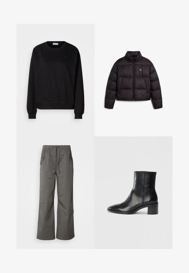 Schwarze Steppjacke mit hohem Kragen, Frontreißverschluss, Seitentaschen und kleinem weißem "cK"-Logo auf der linken Brustseite.; Schwarzer Pullover aus weichem Material, mit rundem Hals, gerippten Bündchen und einem kleinen CK-Logo auf der Brust. Einfaches, minimalistisches Design.; Graue weit geschnittene Hose aus leichtem Stoff, mit elastischem Bund, Kordelzug und zwei seitlichen Taschen mit Knopfakzenten.; Schwarze Leder-Ankle-Boots mit spitzer Zehe, niedrigem Blockabsatz und dezentem, geprägtem Logo. Glatte Oberfläche mit einem eleganten Design und minimalen Nähten.