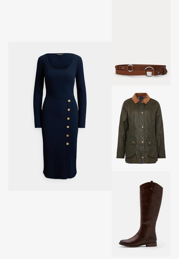 Veste en coton ciré Barbour en vert olive foncé avec un col en velours côtelé, boutons-pression et deux poches plaquées à l'avant. Design texturé et durable.; Robe midi côtelée bleu marine avec un décolleté carré et des manches longues, présentant un détail de boutons latéraux avec six boutons dorés.; Bottes marron jusqu'aux genoux en cuir lisse, avec un bout arrondi, un petit talon empilé et un subtil motif de couture sur les côtés.; Ceinture en cuir marron avec des anneaux métalliques circulaires argentés et des trous de boucle réglables sur un fond clair uni.