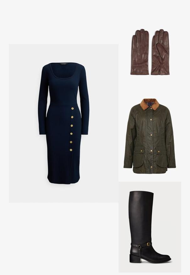 Barbour gewaxte katoenen jas in donkerolijf groen met een corduroy kraag, drukknoopsluiting en twee voorzakken. Gelaagd, duurzaam ontwerp.; Donkerblauwe ribgebreide jurk met lange mouwen, een vierkante halslijn en knopen aan de zijkant. Heeft een aansluitende pasvorm en een zoom tot op de knie.; Zwarte leren kuitlange laarzen met een lage blokhak en een decoratieve band met een kleine gouden gesp op de enkel.; Bruine leren handschoenen met een gladde textuur. Kenmerken zijn onder andere vijf vingertoppen, subtiele stiksels op de rug en geplooide polsdetails.