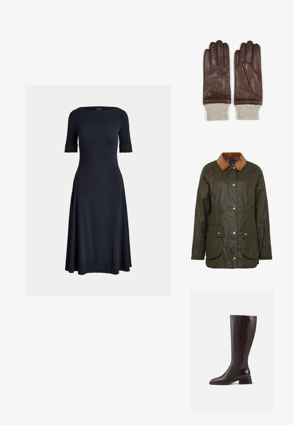 Barbour gewaxte katoenen jas in donkerolijf groen met een corduroy kraag, drukknoopsluiting en twee voorzakken. Gelaagd, duurzaam ontwerp.; Navy blauwe jurk met korte mouwen, ronde halslijn en uitlopende rok. Gemaakt van een zachte stof, met verticale naden bij de taille en de zoom.; Kniehoge bruine leren laarzen met een gladde afwerking, ronde neus en een gestapelde zwarte hak. Eenvoudig ontwerp met minimale hardwaredetails.; Bruine leren handschoenen met een gladde textuur, voorzien van geribde beige gebreide manchetten. Stijlvolle stiksels en een puntige vingervorm.