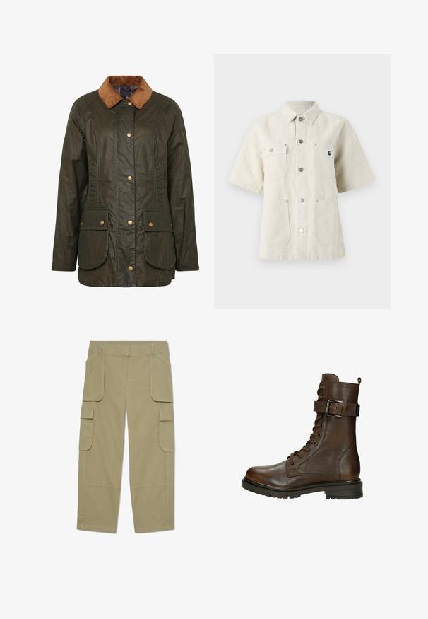 Barbour gewaxte katoenen jas in donkerolijf groen met een corduroy kraag, drukknoopsluiting en twee voorzakken. Gelaagd, duurzaam ontwerp.; Korte mouwen shirt van lichtbeige stof, met een puntige kraag, knopen aan de voorkant, twee borstzakken en een klein logo op de linkerzijde.; Khakikleuren cargobroek met meerdere klepzakken aan de voorkant en zijkanten, rechte pijpen en riemlussen in de taille.; Bruine leren veterschoen tot de enkel met een zijgesp, ronde neus, robuuste zool en stiksels voor extra textuur.