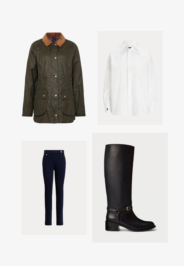 Αδιάβροχο μπουφάν από κερωμένο βαμβάκι Barbour σε σκούρο ελαιόχρωμο με κολλέρο από καπιτονέ, κουμπιά με σSnap και δύο εξωτερικές τσέπες. Υφή ανθεκτική και σχεδίαση.; Λευκό πουκάμισο με μακρύ μανίκι, κουμπιά, μυτερό γιακά και κεντημένο λογότυπο σε σκούρο μπλε στο αριστερό μανίκι.; Σκούρο μπλε παντελόνι σε στενή γραμμή με ψηλή μέση, διακοσμημένα κουμπιά και μικρή τσέπη με καπάκι στη δεξιά πλευρά.; Μαύρη δερμάτινη μπότες μέχρι το γόνατο με χαμηλό χοντρό τακούνι και διακοσμητική ταινία που διαθέτει μια μικρή χρυσή αγκράφα στο αστράγαλο.