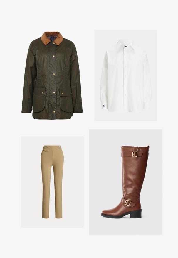 Barbour gewaxte katoenen jas in donkerolijf groen met een corduroy kraag, drukknoopsluiting en twee voorzakken. Gelaagd, duurzaam ontwerp.; Wit overhemd met lange mouwen, knoopsluiting, spitse kraag en marineblauw geborduurd logo op de linkermanchet.; Beige slim-fit vrouwenbroek met hoge taille, twee knopen aan de zijkant en een klein knoopsluiting flapzakje nabij de tailleband.; Bruine leren knielange laars met twee gouden gespen, lage zwarte blokhak en een treklipje aan de achterkant op een witte achtergrond.